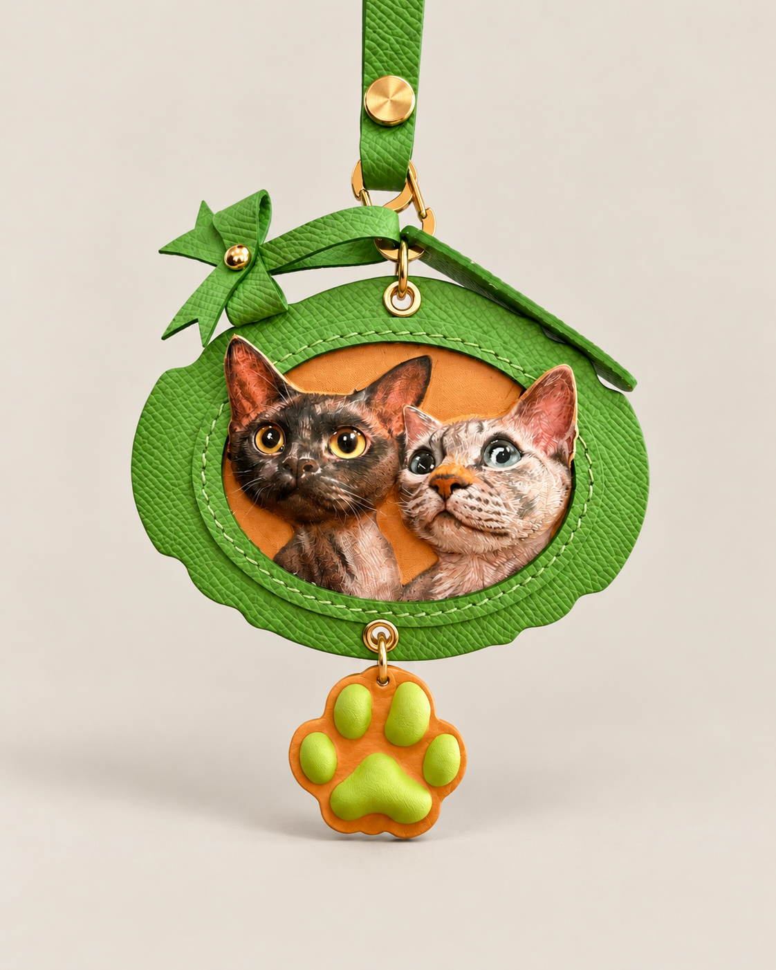Green round leather double cat portrait charm with a bow, strap, and paw-shaped accent