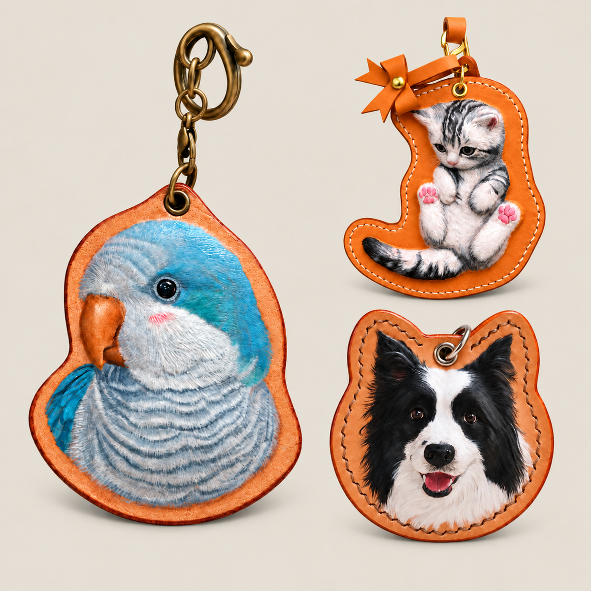Hand-carved leather pet silhouette keychain examples featuring a blue parrot, a gray kitten, and a black and white dog