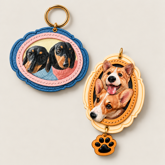 Custom double pet leather portrait charms featuring two dachshunds in a blue and pink frame and two corgis in a yellow frame