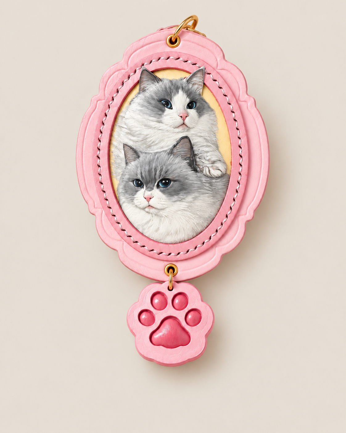 Pink scalloped leather charm with two gray and white cat portraits and a paw-shaped accent