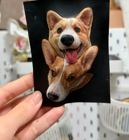 Hand-colored double corgi leather portrait during the making process