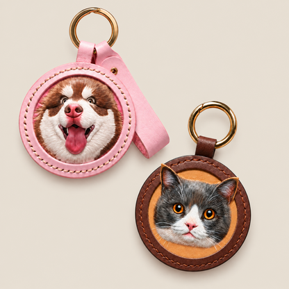 Dog and cat examples of Pawrelic custom round leather pet portrait keychains