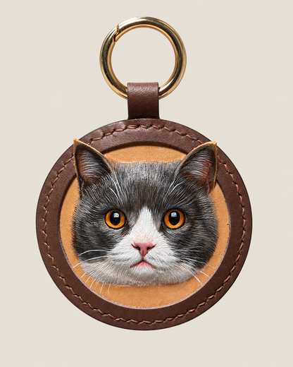 Brown round leather keychain with a hand-carved cat portrait