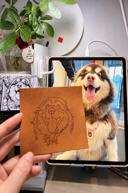 Pet reference photo beside the outline carved into leather