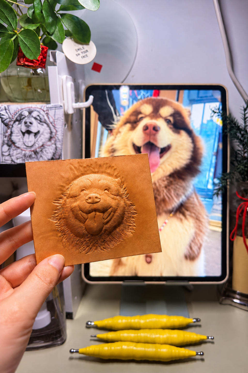 Sculpted leather pet portrait before hand coloring
