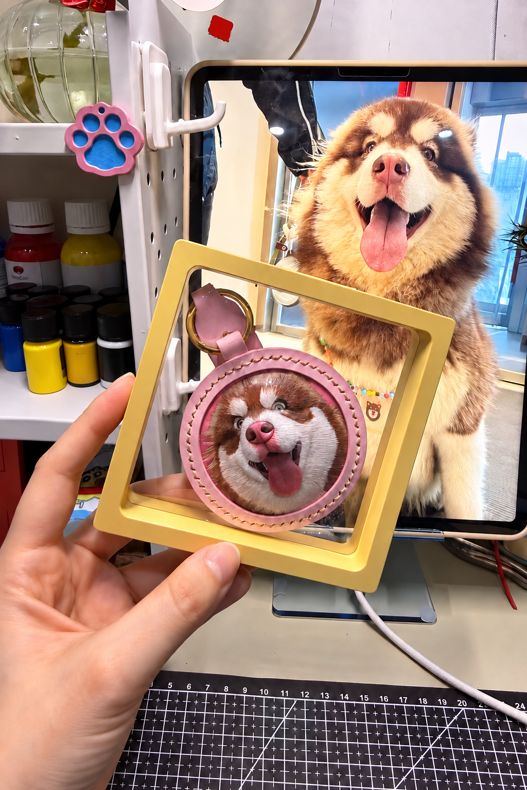 Finished pink leather dog portrait keychain beside the pet photo