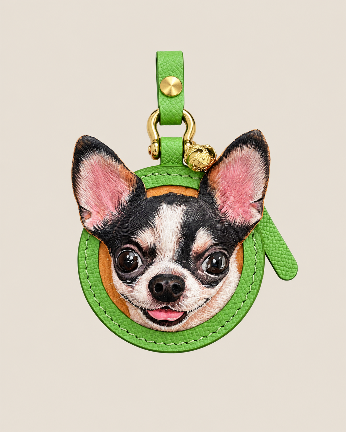 Green leather color example for a custom Pawrelic pet portrait keychain