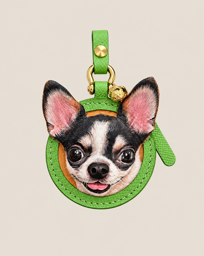Green leather color example for a custom Pawrelic pet portrait keychain