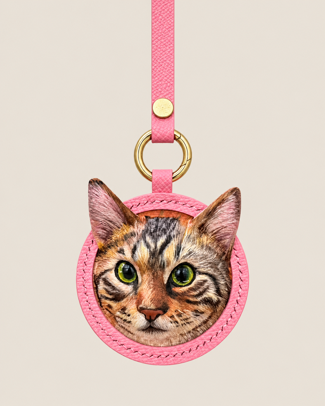 Pink leather color example for a custom Pawrelic pet portrait keychain