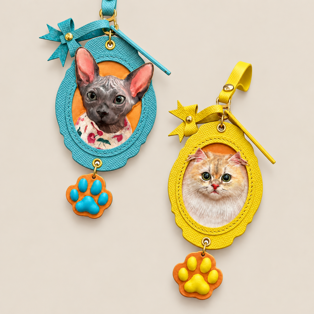 Blue and yellow PawRelic scalloped leather pet portrait charms with decorative bows and paw-shaped pendants