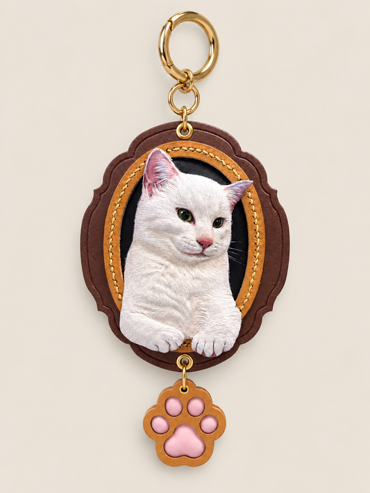Brown scalloped leather pet portrait charm with a sculpted white cat and a pink-padded paw accent