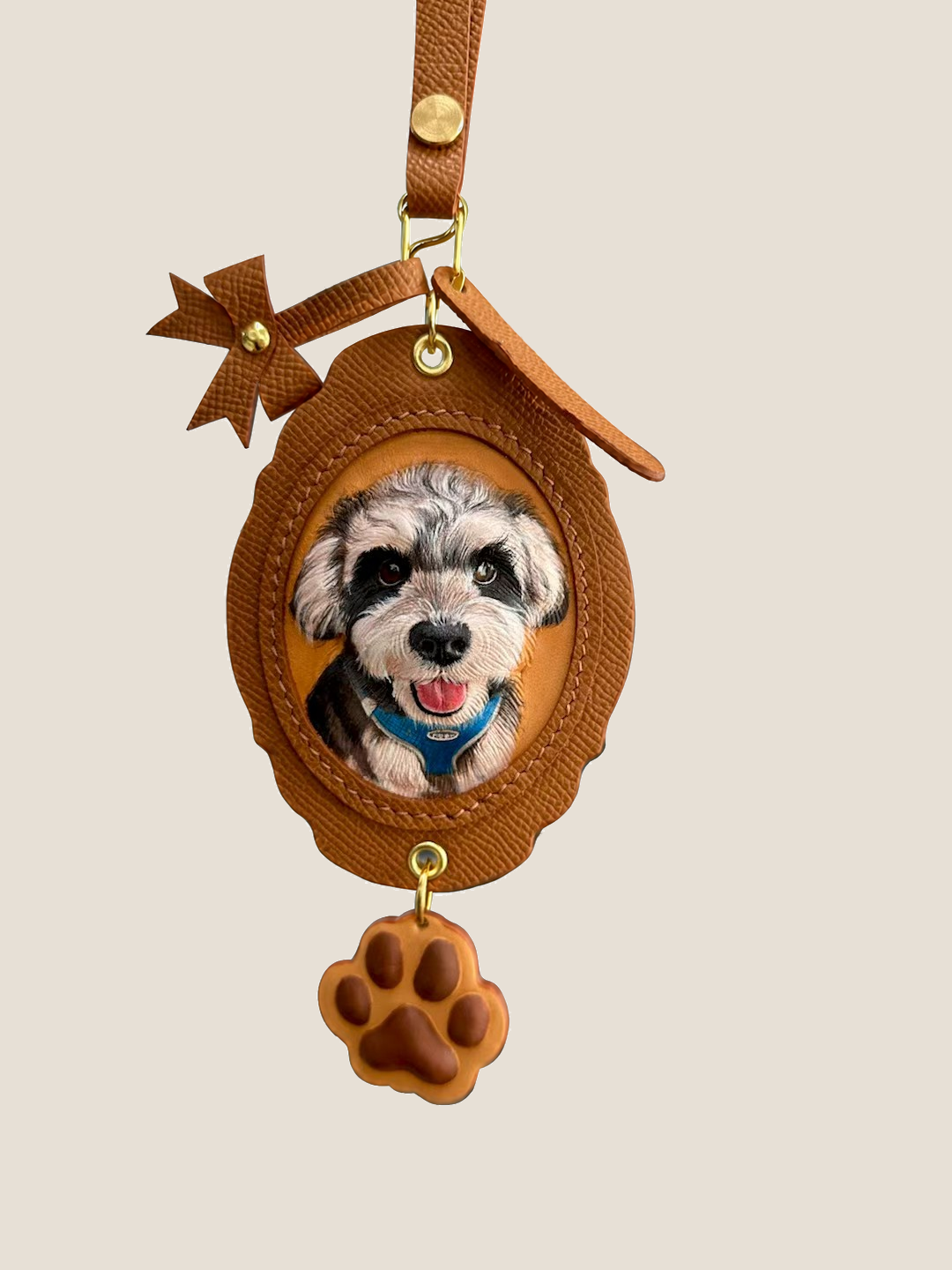 Brown leather color example for a custom PawRelic scalloped pet portrait charm