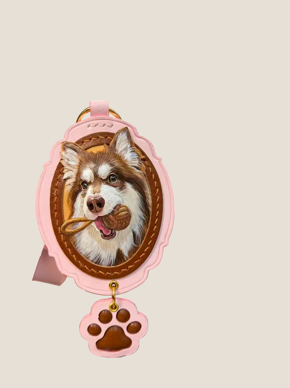 Pink leather color example for a custom PawRelic scalloped pet portrait charm