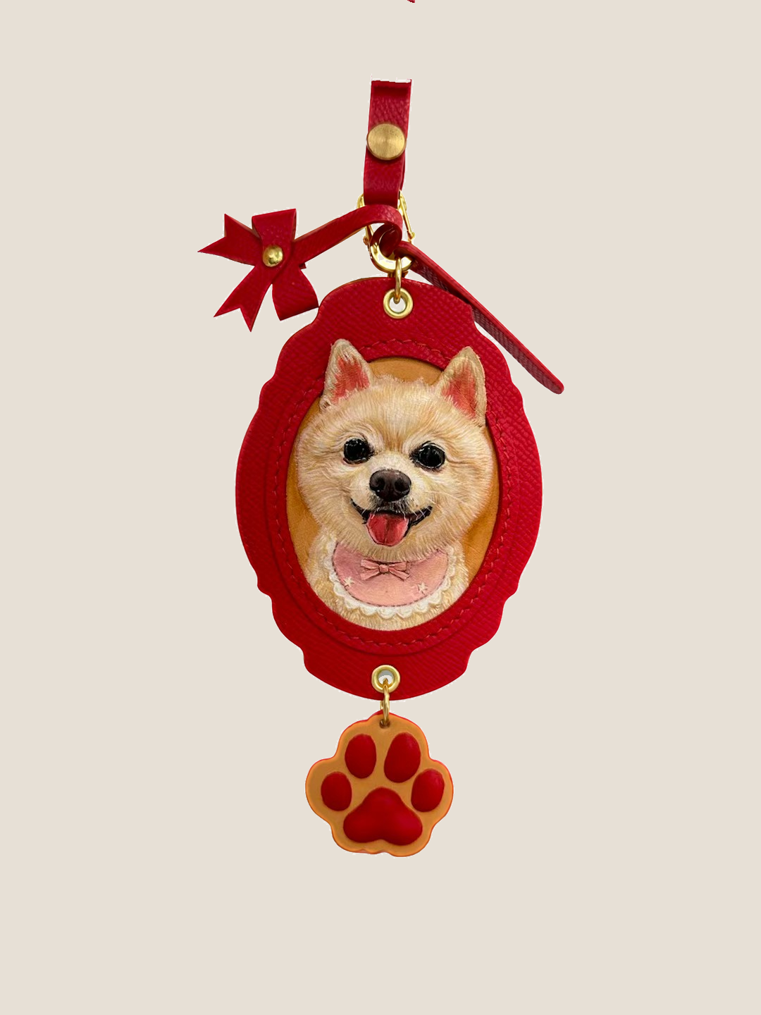 Red leather color example for a custom PawRelic scalloped pet portrait charm